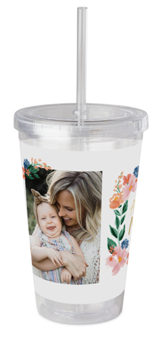 Floral Frame Acrylic Tumbler with Straw, 16oz, Pink
