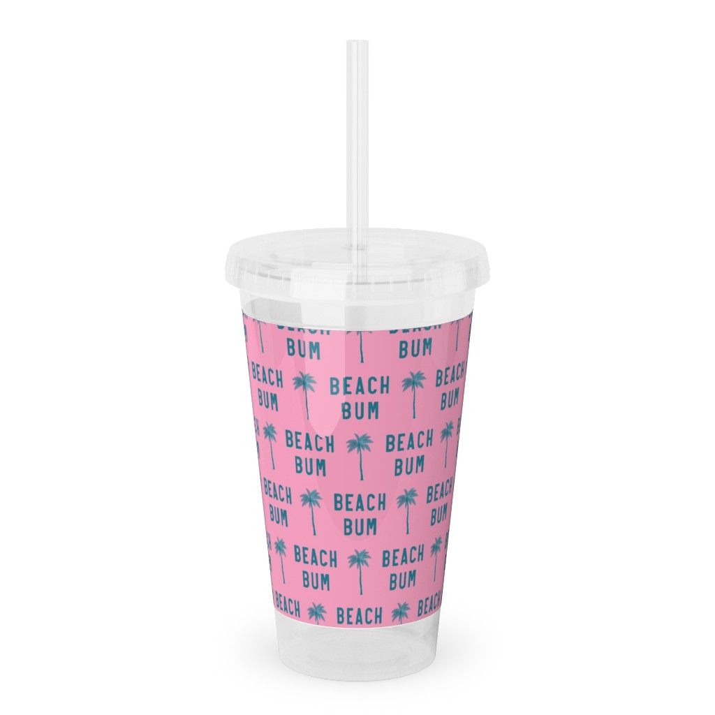 Beach Bum - Teal on Pink Acrylic Tumbler with Straw, 16oz, Pink