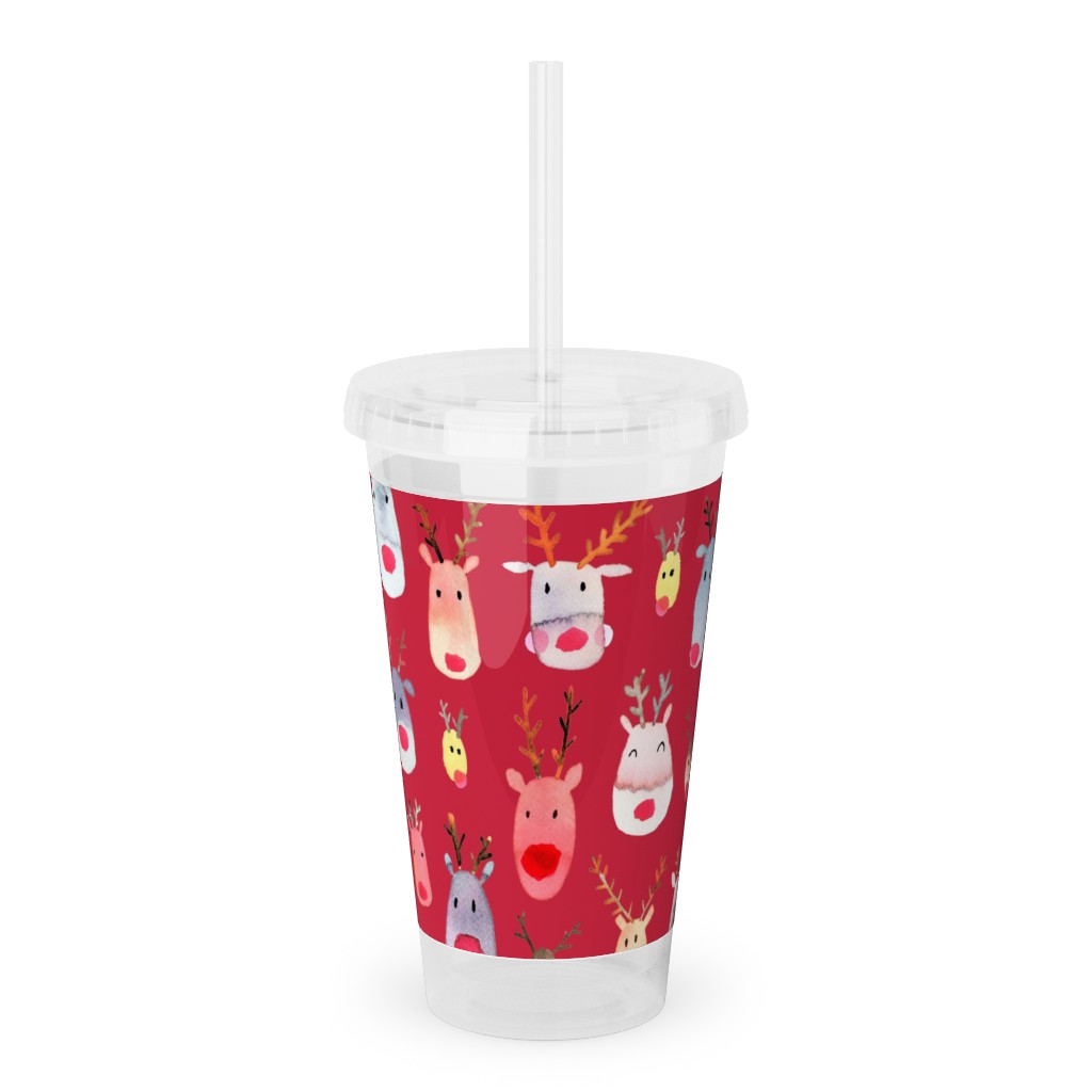Rudolph Reindeers Acrylic Tumbler with Straw, 16oz, Red