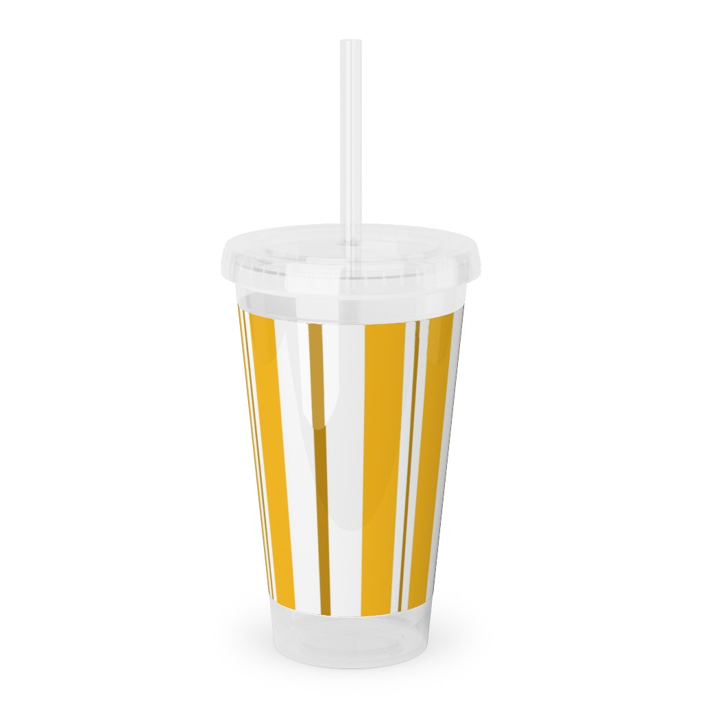 Gold White and Brown Stripes Acrylic Tumbler with Straw, 16oz, Yellow