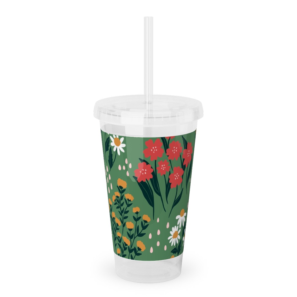 Flowerbed Acrylic Tumbler with Straw, 16oz, Green