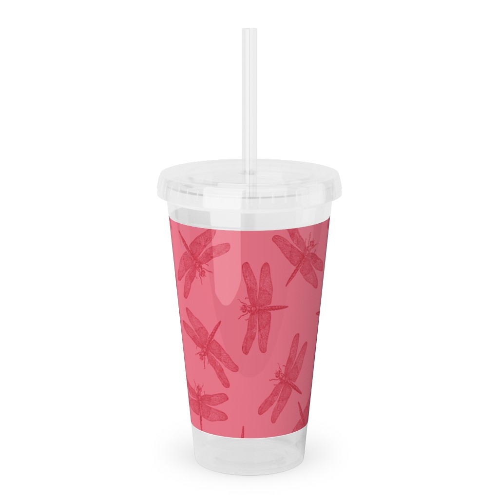 Vintage Dragonfly - Pink Acrylic Tumbler with Straw, 16oz, Pink