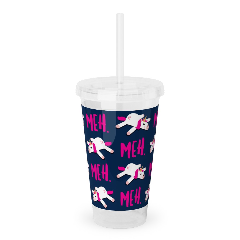 Meh - Splooting Unicorns - Pink on Navy Acrylic Tumbler with Straw, 16oz, Pink