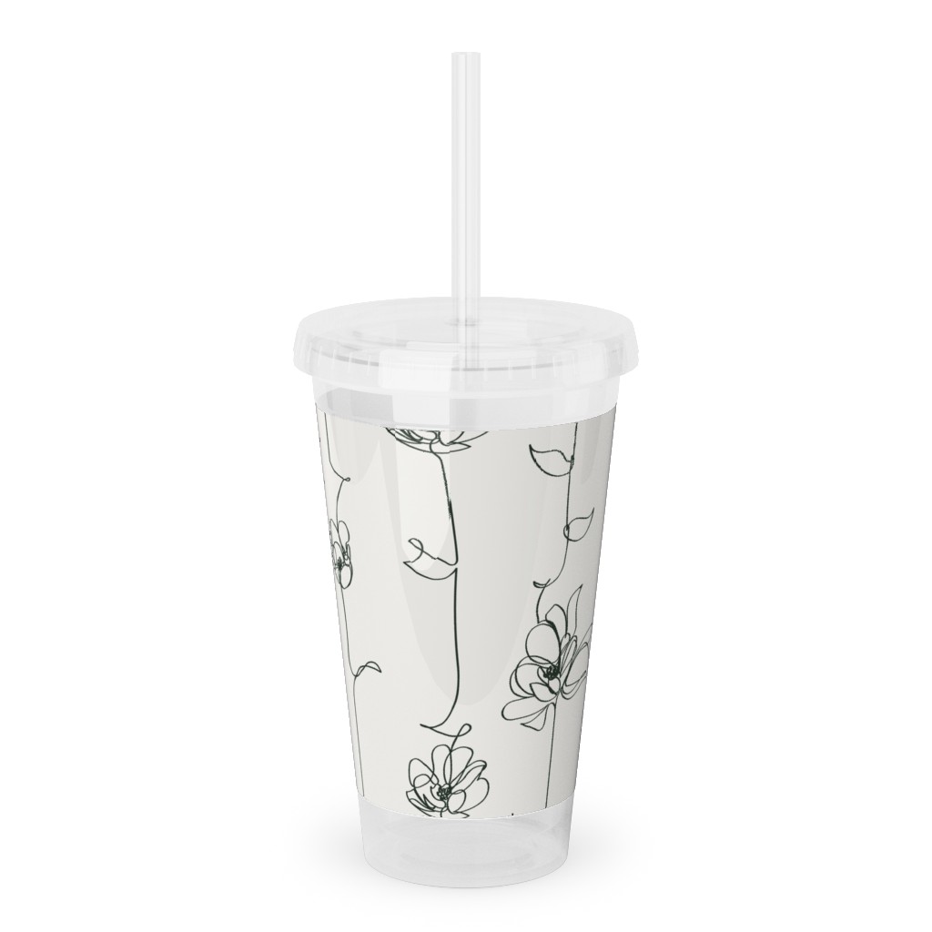 One Line Floral - Light Acrylic Tumbler with Straw, 16oz, White
