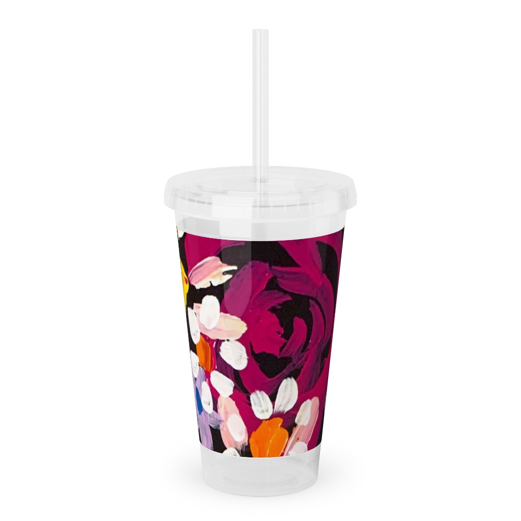 Summer Soiree Floral - Black Acrylic Tumbler with Straw, 16oz, Multicolor