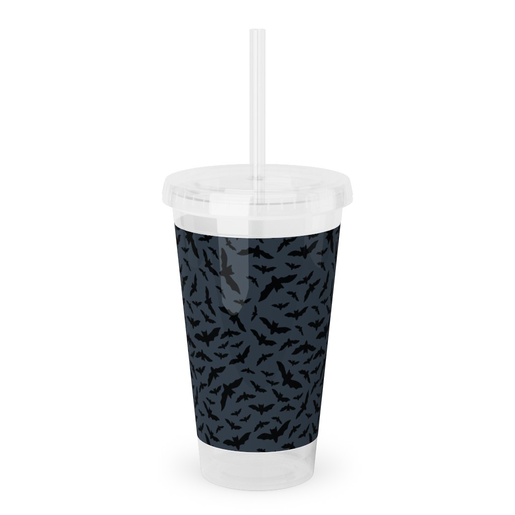 Halloween Black Bats Acrylic Tumbler with Straw, 16oz, Black