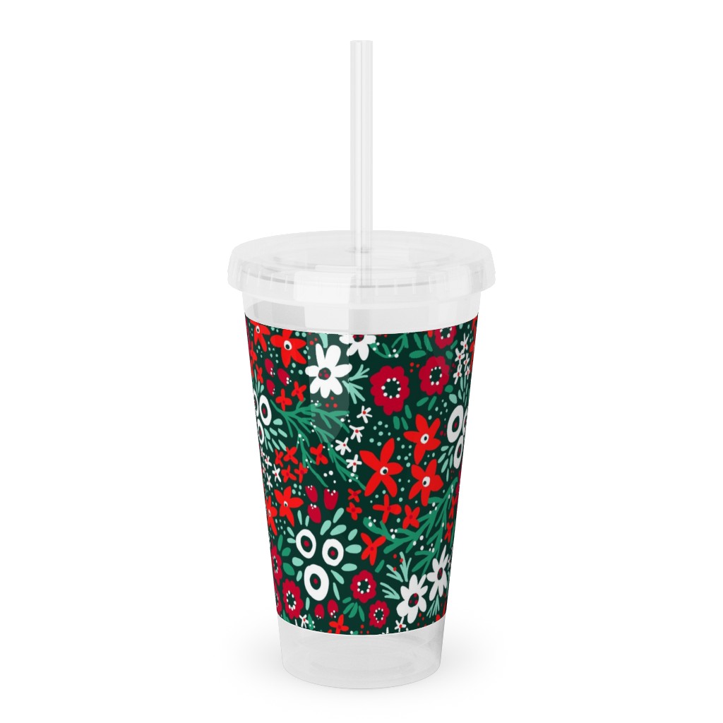 Rustic Floral - Holiday Red and Green Acrylic Tumbler with Straw, 16oz, Green