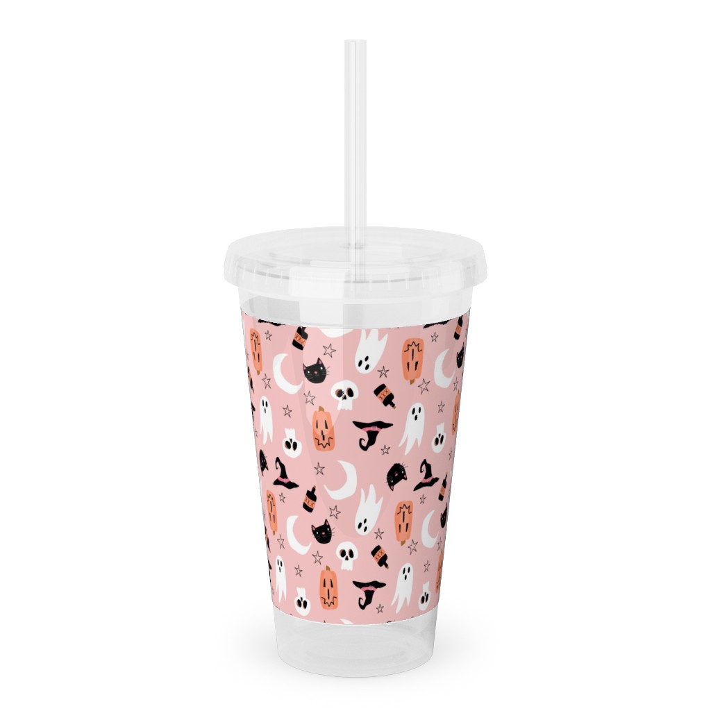Sweet Halloween - Pumpkin, Witch, Ghost, & Cat - Pink Acrylic Tumbler with Straw, 16oz, Pink