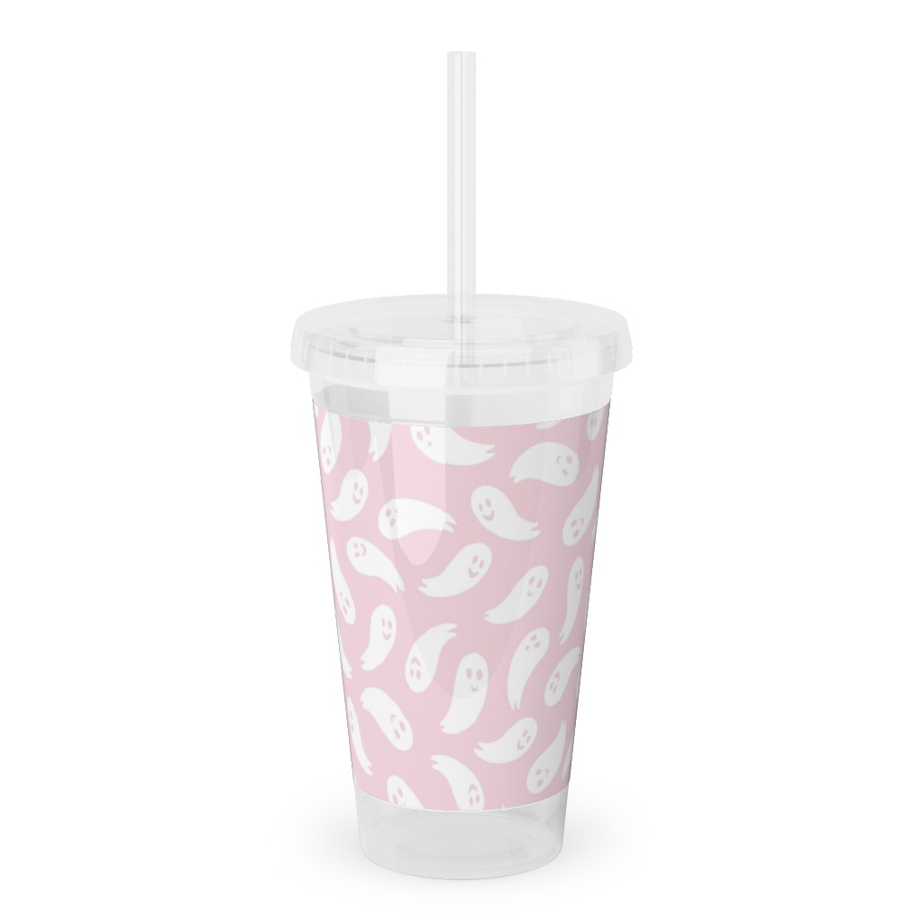 Happy Ghosts - Pink Acrylic Tumbler with Straw, 16oz, Pink