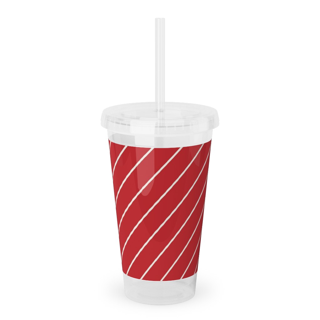Diagonal Stripes on Christmas Red Acrylic Tumbler with Straw, 16oz, Red