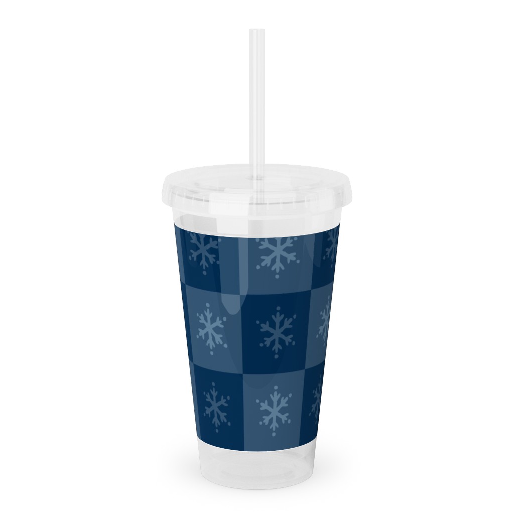 Scandi Cozy Winter Checkered Blue Snowflake Acrylic Tumbler with Straw, 16oz, Blue