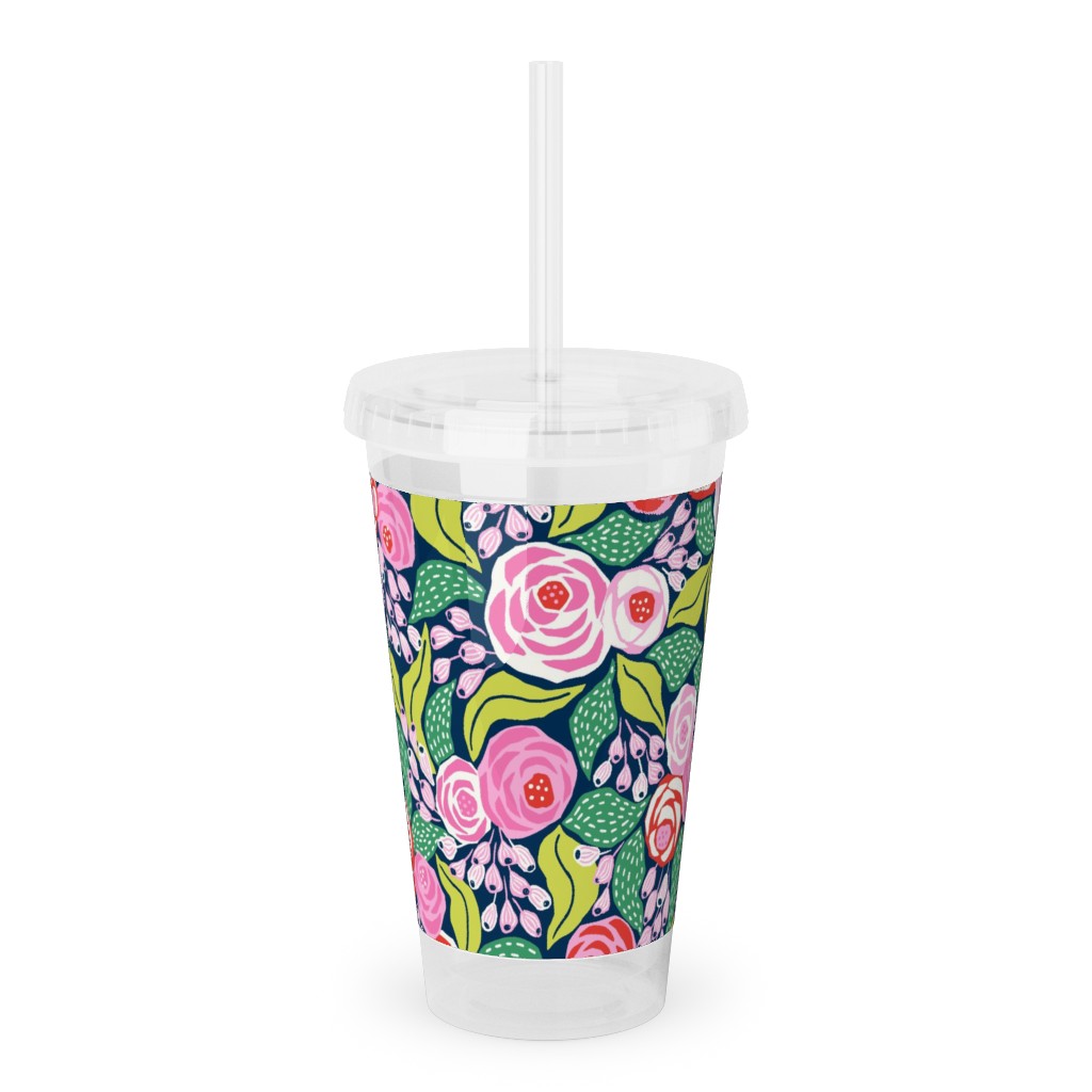 Colourful Papercut Roses - Pink on Dark Blue Acrylic Tumbler with Straw, 16oz, Pink