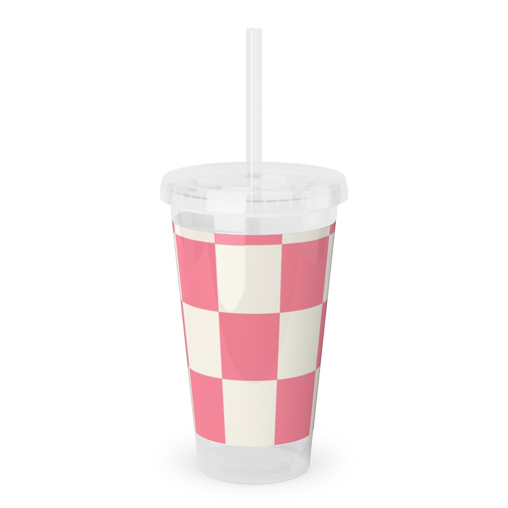 Checkered Pattern - Pink Acrylic Tumbler with Straw, 16oz, Pink