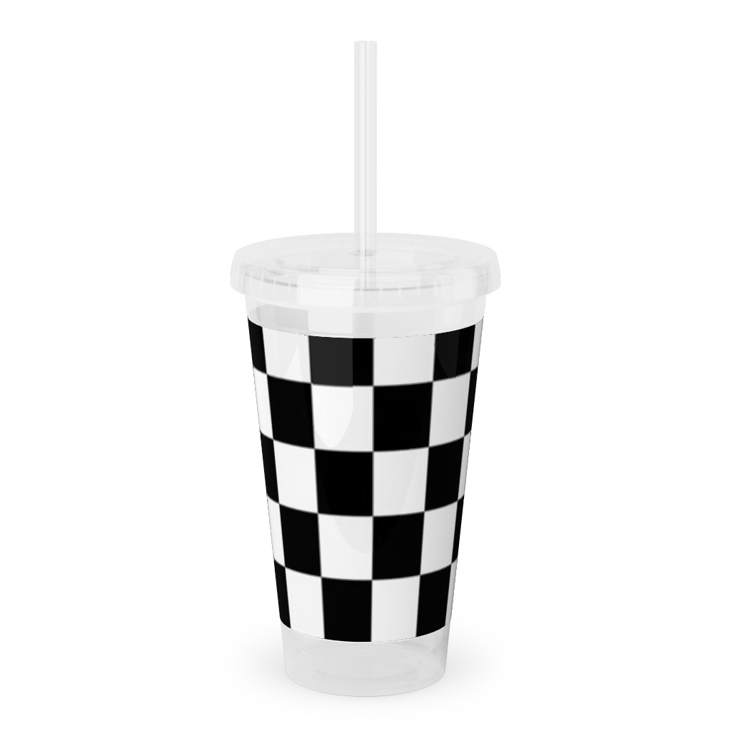 Checker - Black and White Acrylic Tumbler with Straw, 16oz, Black