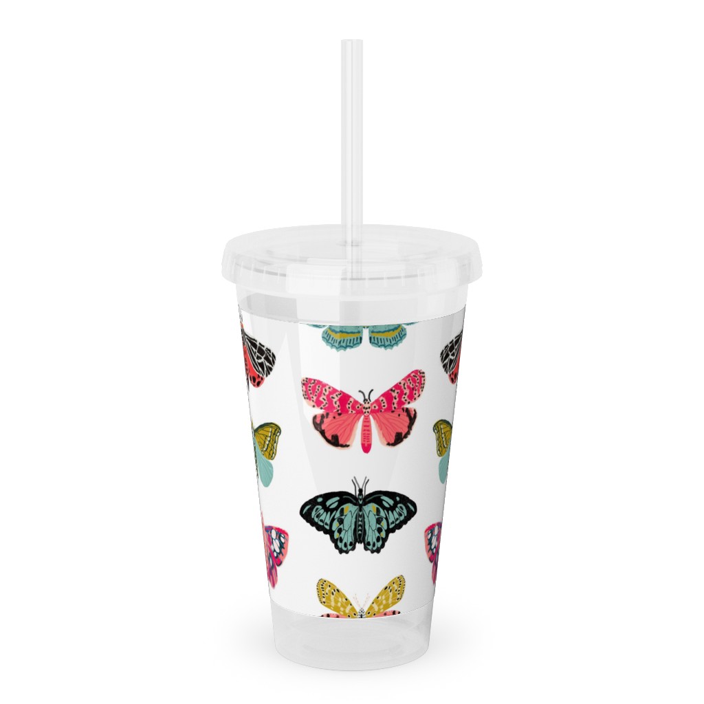 Moths and Butterflies Spring Garden - Light Acrylic Tumbler with Straw, 16oz, Multicolor