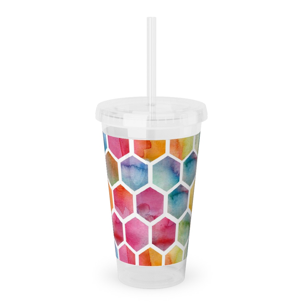 Watercolour Hexagons - Multi Acrylic Tumbler with Straw, 16oz, Multicolor