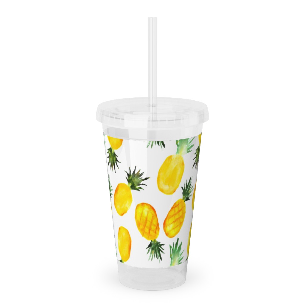 Watercolor Pineapples - Yellow Acrylic Tumbler with Straw, 16oz, Yellow