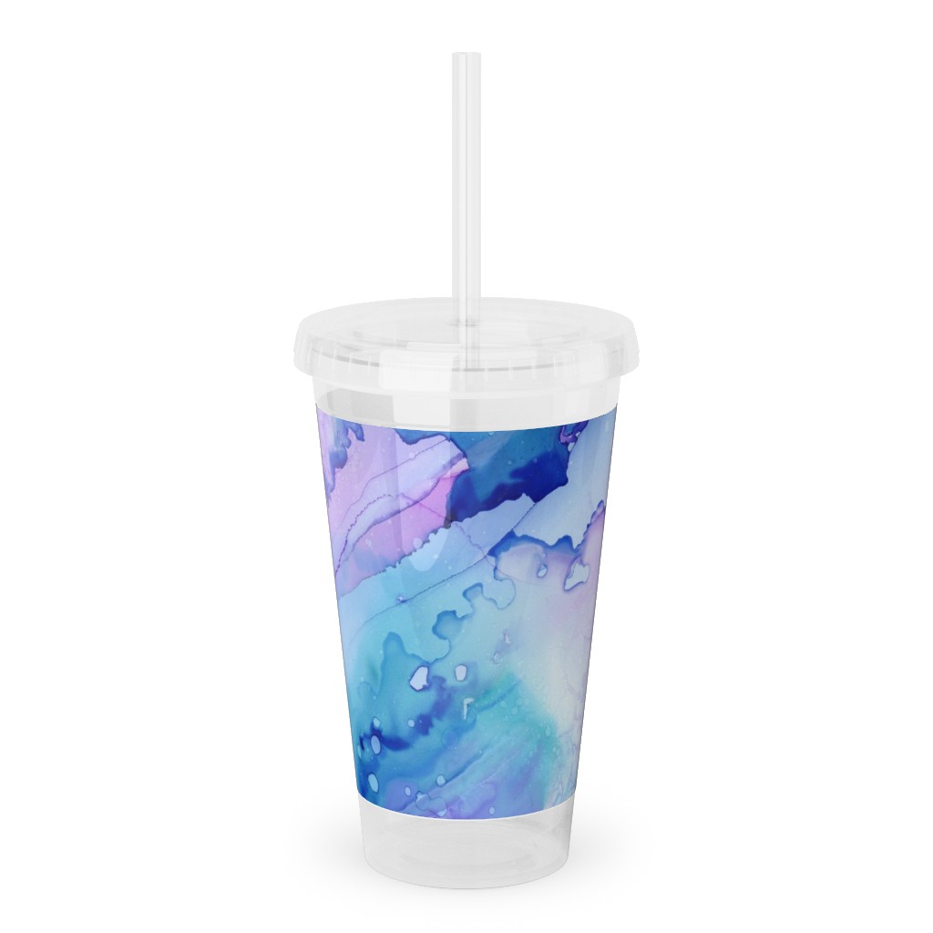 Watercolor Waves - Blue and Purple Acrylic Tumbler with Straw, 16oz, Blue