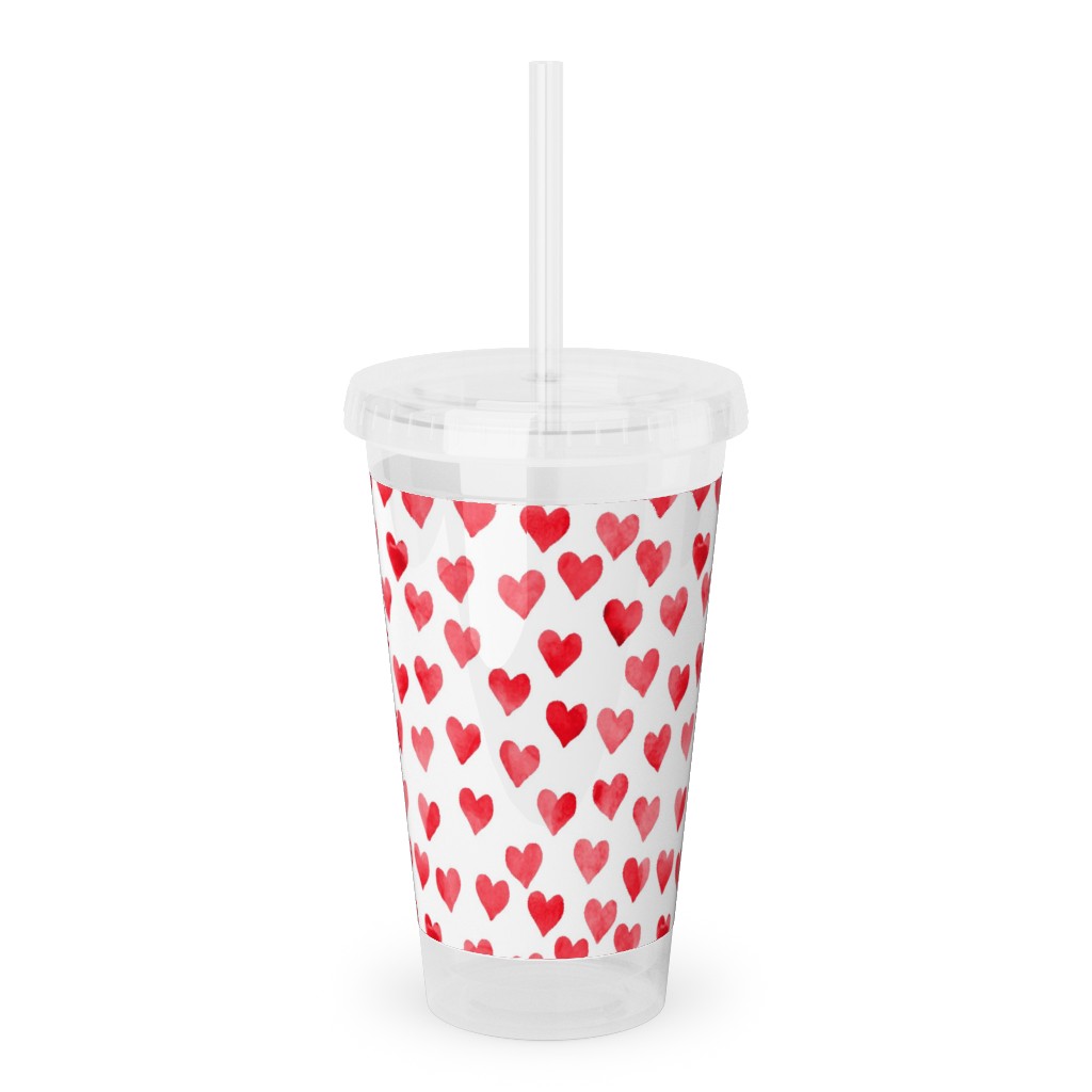Watercolor Hearts - Red Acrylic Tumbler with Straw, 16oz, Red
