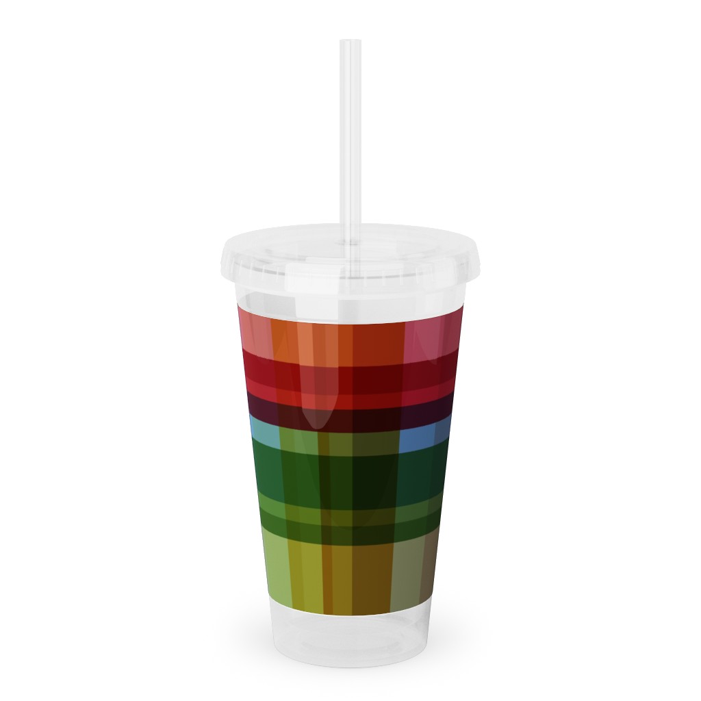 Gingham Rainbow Check Acrylic Tumbler with Straw, 16oz, Multicolor
