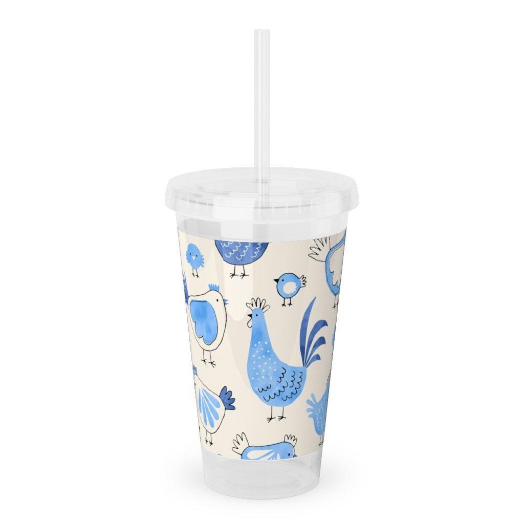 Chicken and Rooster - Watercolor - Blue on Creme Acrylic Tumbler with Straw, 16oz, Blue