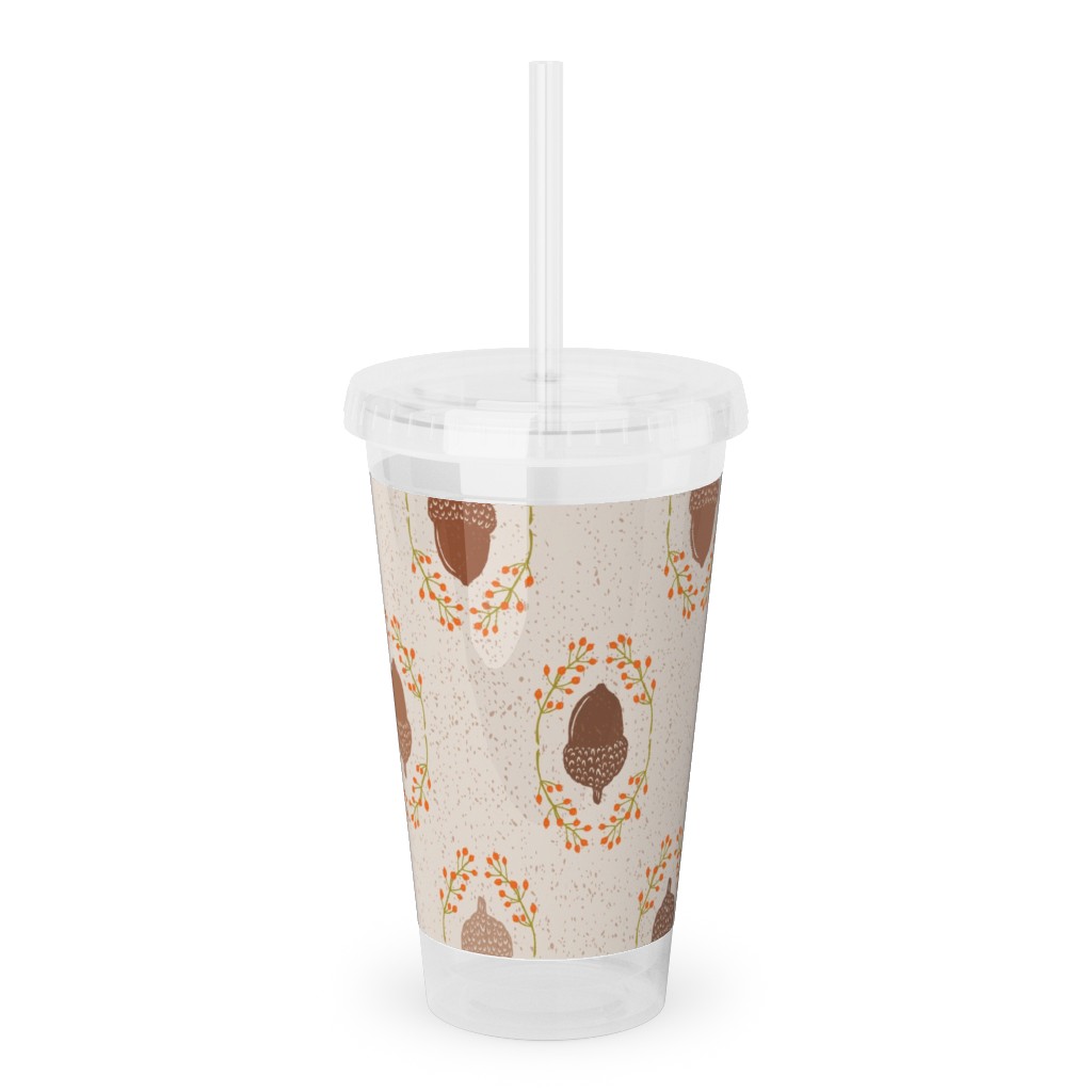 Autumn Acorn Rosehip Textured Damask Acrylic Tumbler with Straw, 16oz, Beige