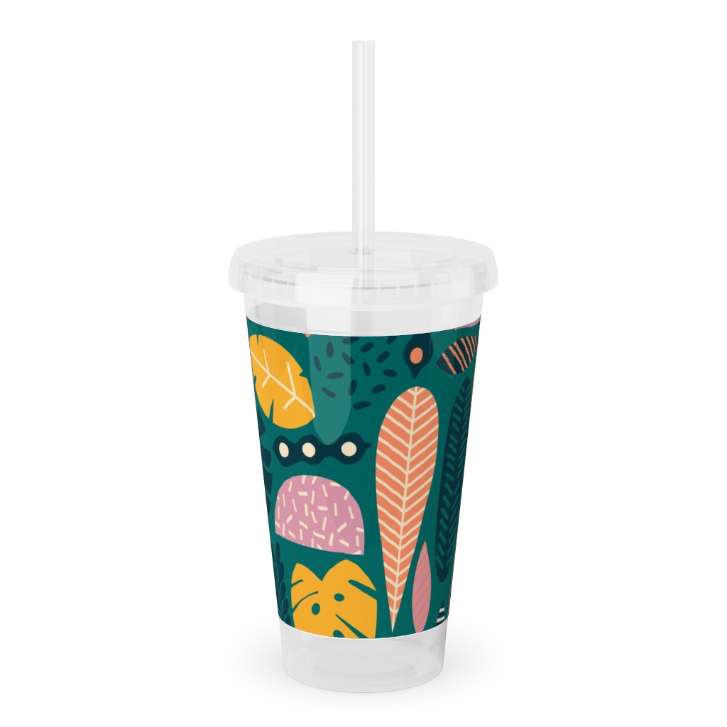 Retro Tropical Pattern Acrylic Tumbler with Straw, 16oz, Multicolor