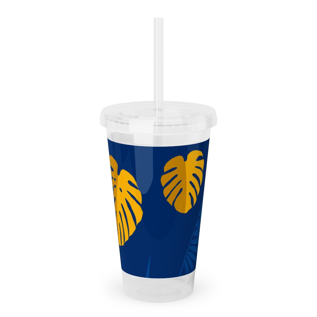 Tropical Leaves - Blue Acrylic Tumbler with Straw, 16oz, Blue