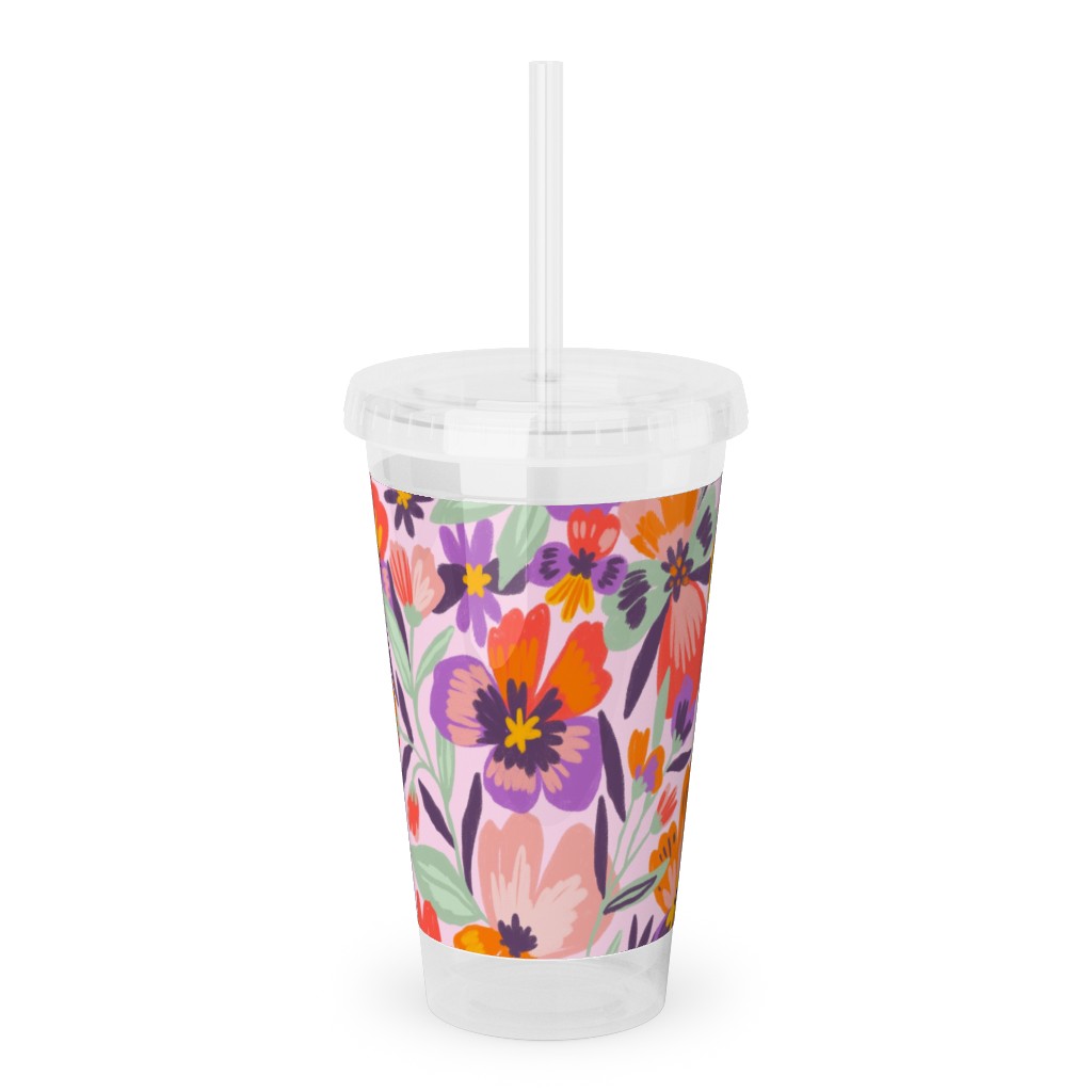 Pansies Acrylic Tumbler with Straw, 16oz, Multicolor