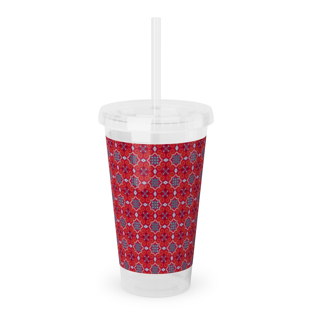 Oriental Ornament - Red Acrylic Tumbler with Straw, 16oz, Red