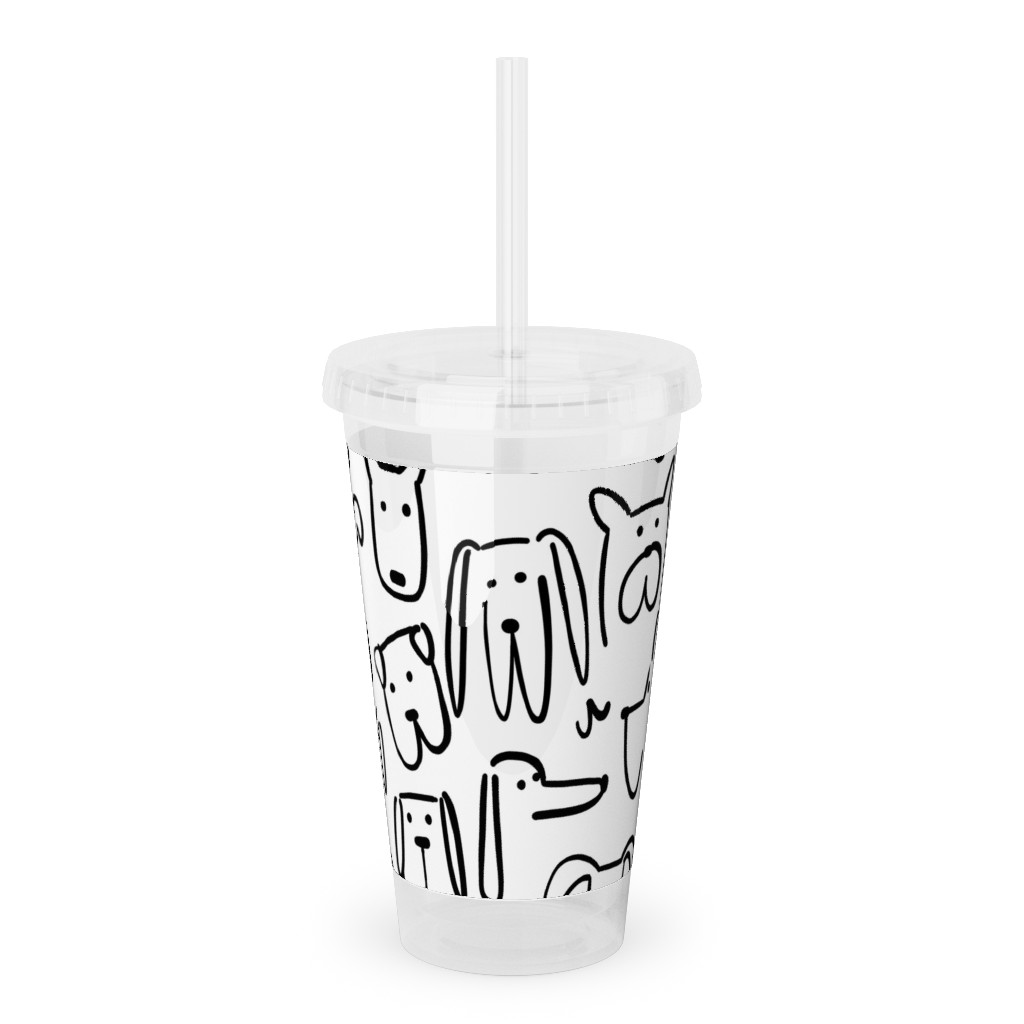 Playful Pups - Black and White Acrylic Tumbler with Straw, 16oz, White