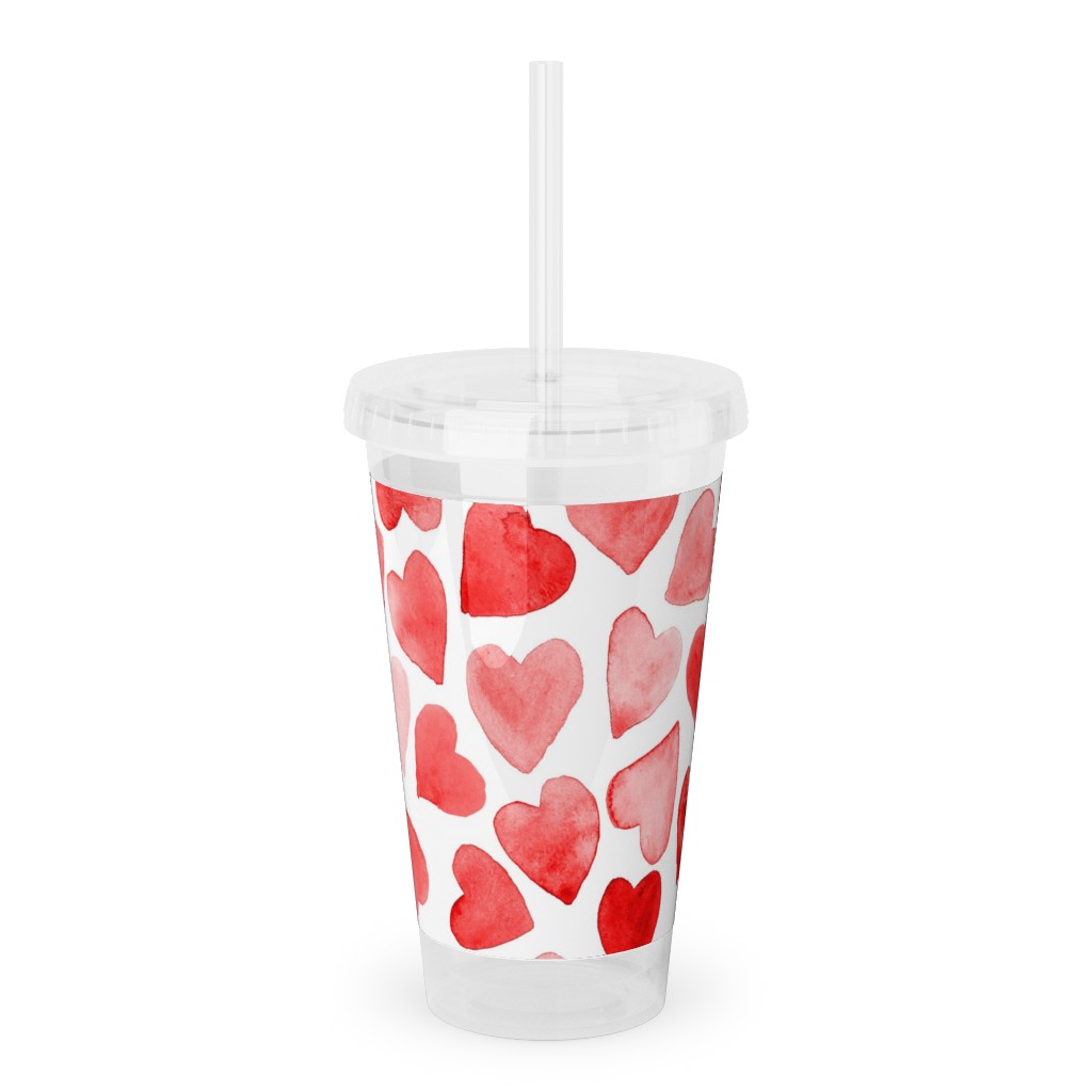 Red Hearts Watercolor - Red Acrylic Tumbler with Straw, 16oz, Red