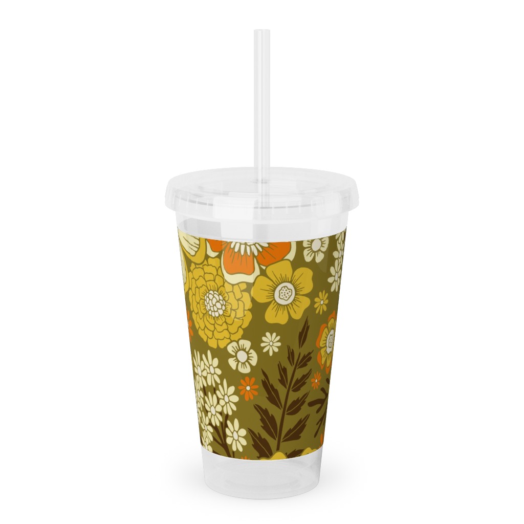 1970s Retro/Vintage Floral - Yellow and Brown Acrylic Tumbler with Straw, 16oz, Yellow