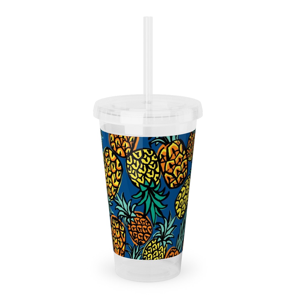 Tropical Pineapple - Blue Acrylic Tumbler with Straw, 16oz, Blue