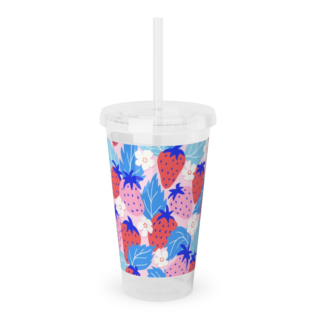Papercut Strawberries - Blue and Pink Acrylic Tumbler with Straw, 16oz, Multicolor
