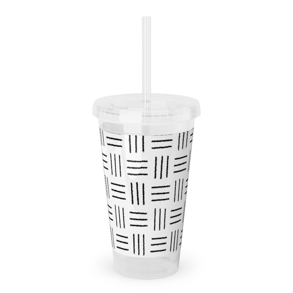 Mudcloth Basket Weave - Black on White Acrylic Tumbler with Straw, 16oz, White