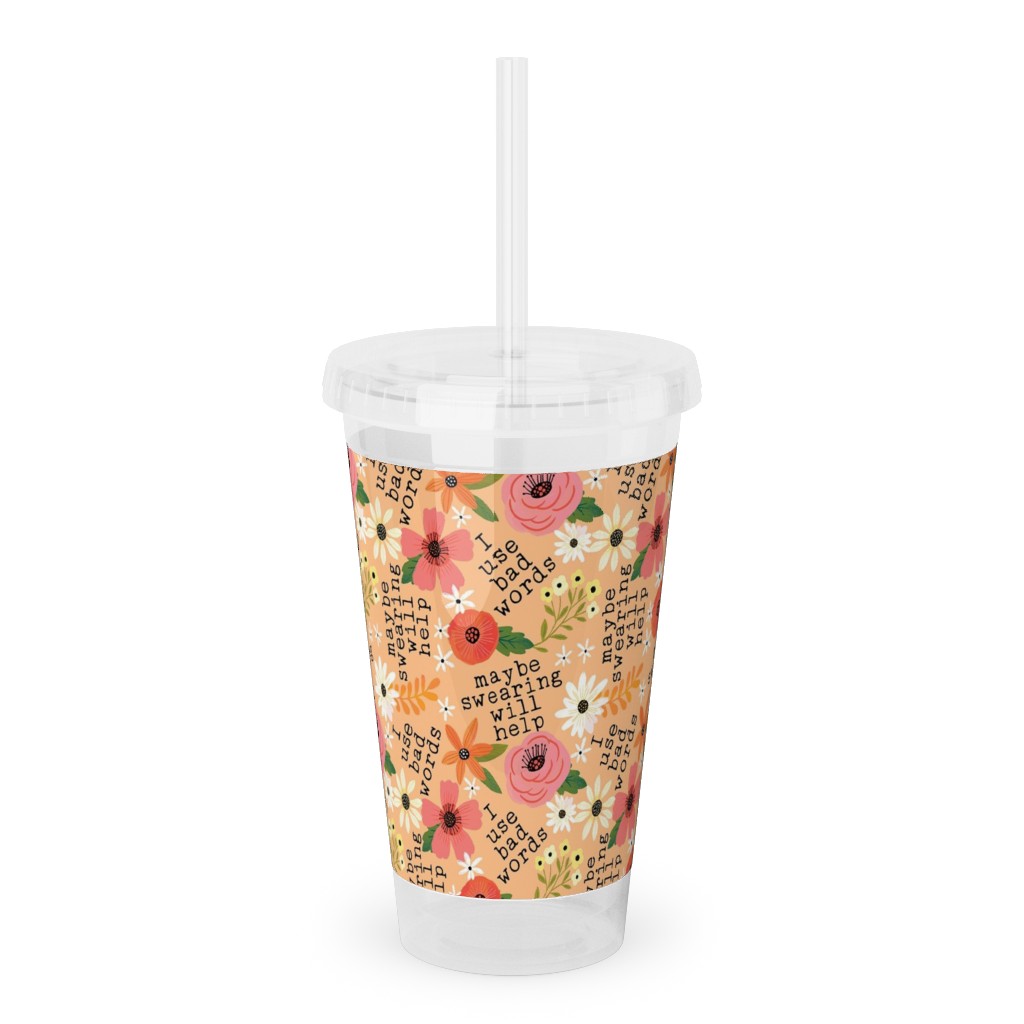 Maybe Swearing Will Help - Florai - Peach Acrylic Tumbler with Straw, 16oz, Orange