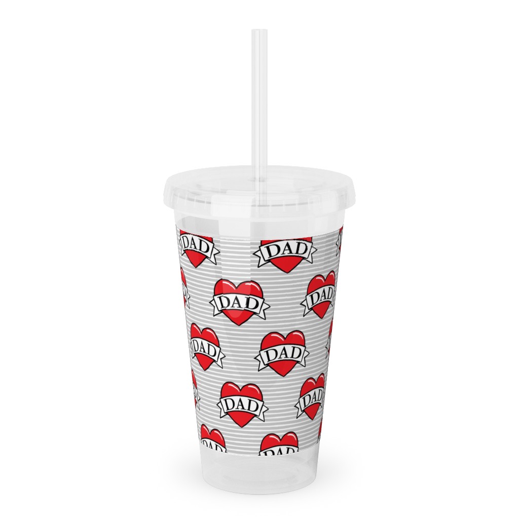 Dad Heart Tattoo - Red on Grey Stripes Acrylic Tumbler with Straw, 16oz, Red
