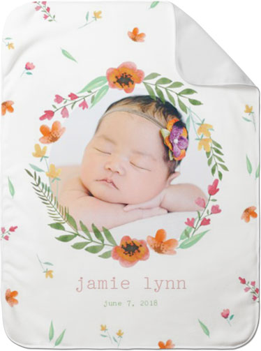 Watercolor Floral Wreath Baby Blanket, -White