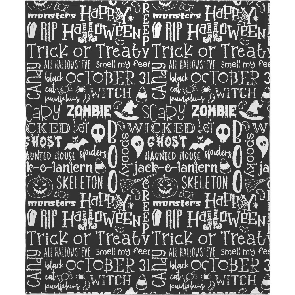 Halloween Typography - White on Grey Blanket, Fleece, 50x60, Black