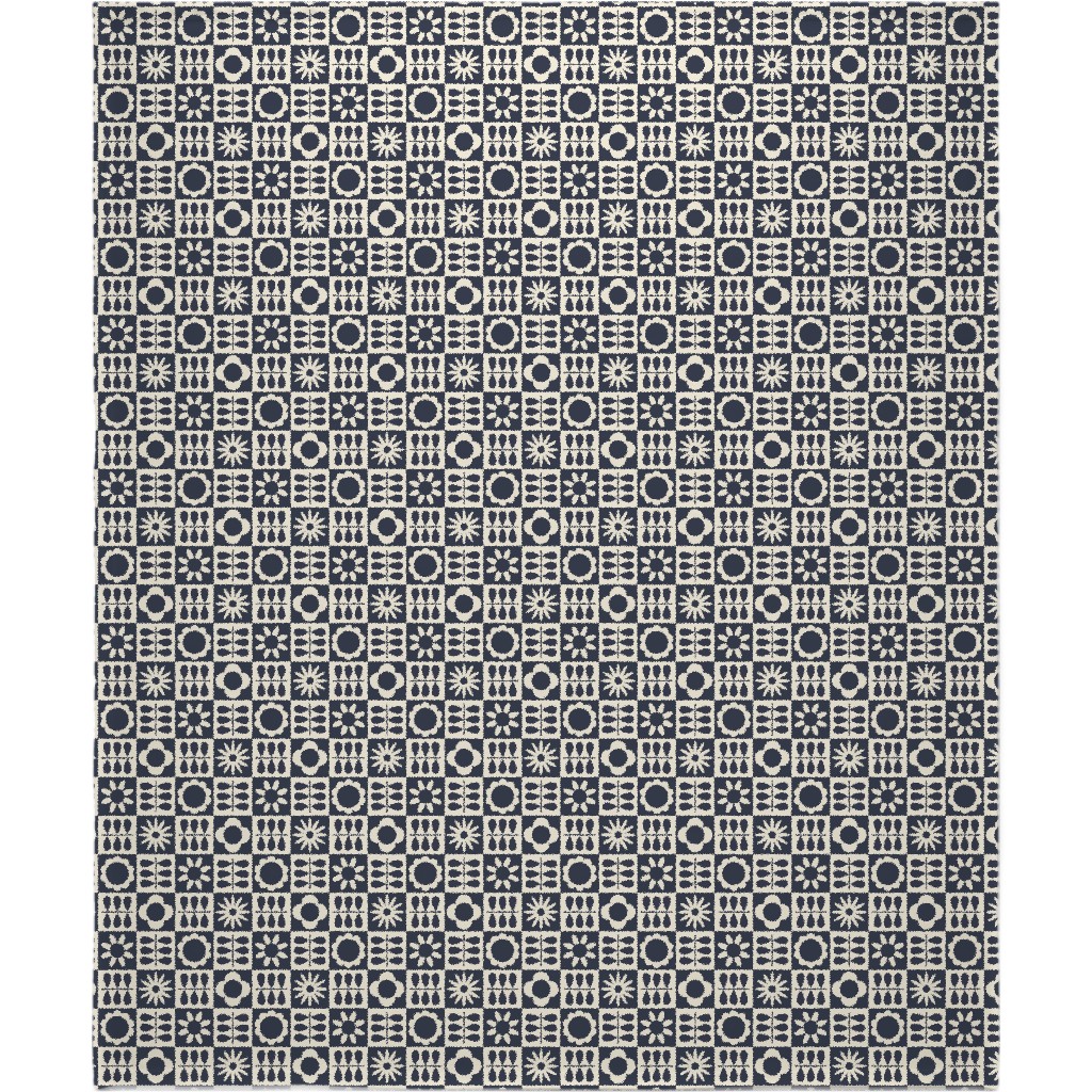 Scandinavian Checker Blooms - Off White and Navy Blanket, Fleece, 50x60, Black