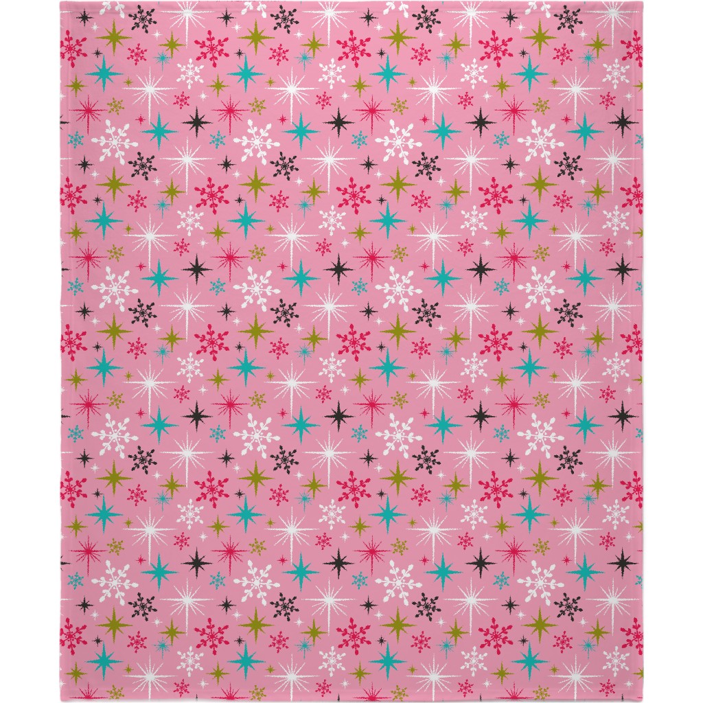 Stardust Retro Christmas Snowflakes and Stars - Pink Blanket, Fleece, 50x60, Pink