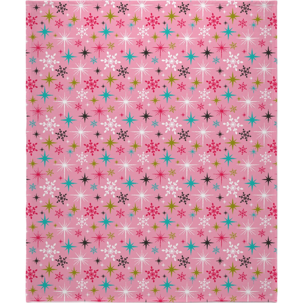 Stardust Retro Christmas Snowflakes and Stars - Pink Blanket, Fleece, 50x60, Pink, Bright Pink