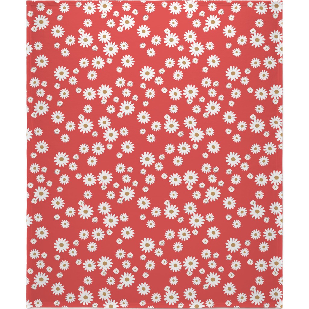 Vintage Daisies - White on Red Blanket, Fleece, 50x60, Red