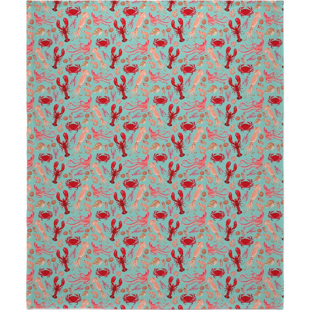 Ocean Creatures - Red on Green Blanket, Fleece, 50x60, Red, Red