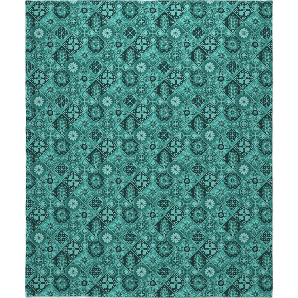 Watercolor Talavera Tiles Blanket, Fleece, 50x60, Green, Classic Green