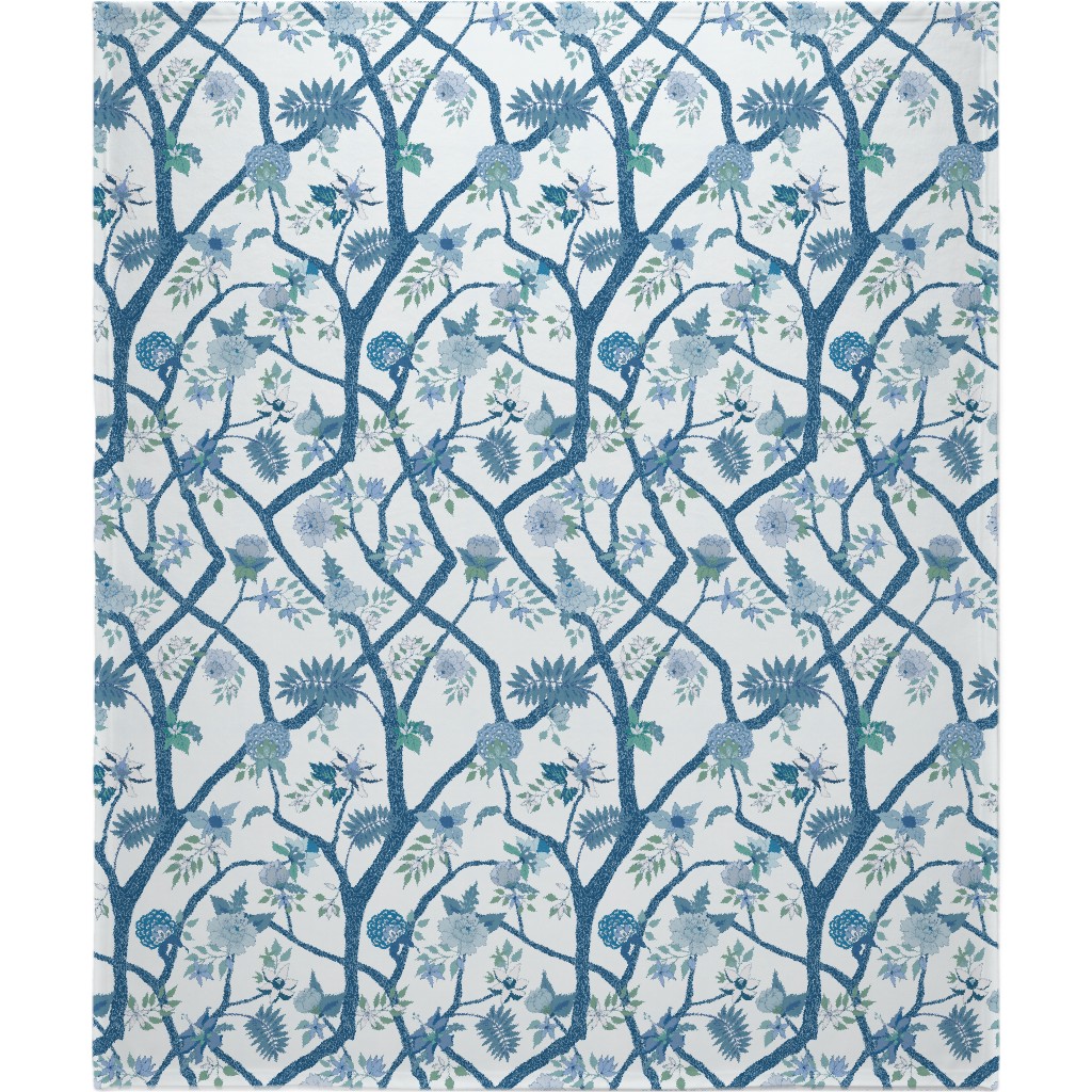Peony Branch Mural - Blue and Green Blanket, Fleece, 50x60, Blue