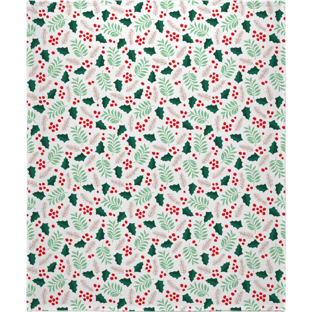 Botanical Christmas Garden Pine Leaves Holly Branch Berries - Green and Red Blanket, Fleece, 50x60, Green, Classic Green