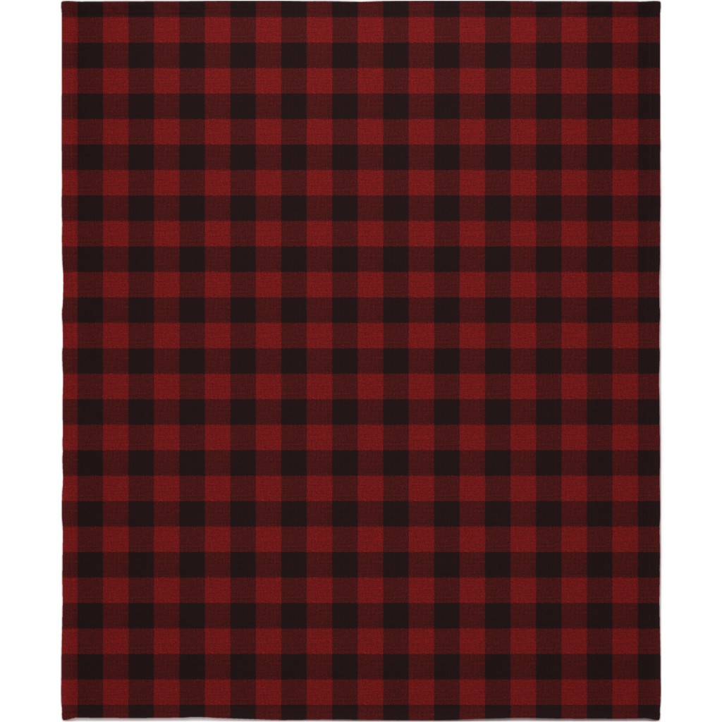 Linen Look Gingham Lumberjack - Red, Black Blanket, Fleece, 50x60, Red