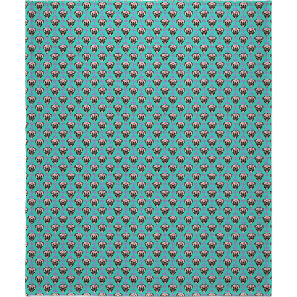 Pugs & Kisses - Cute Pug Dog - Teal Blanket, Fleece, 50x60, Green